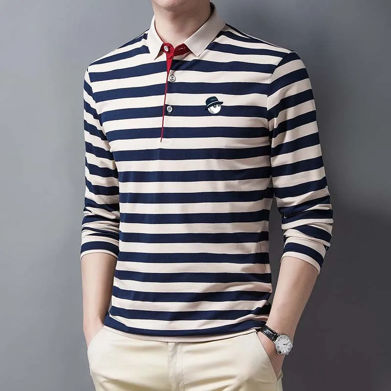 Men's Polo Malbon Golf Clothes Men Spring Autumn Long Sleeve T-shirt Casual Business Versatile Wear Solid Wear Striped Contrast