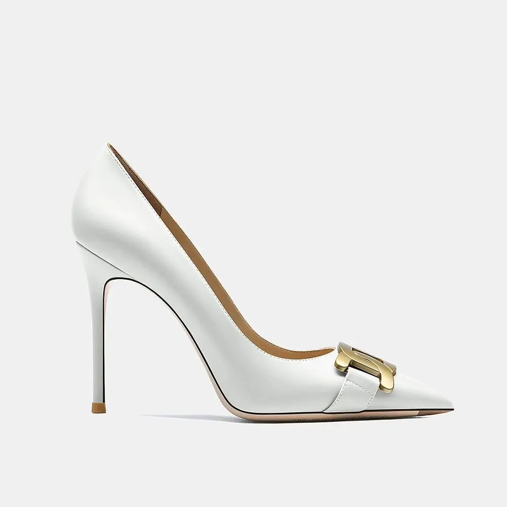 

New Genuine Leather Brand Pumps Women High Heel Shoes Sexy Wedding Shoes Pointed Toe Thin Heel Fashion Metal Button Office Shoes