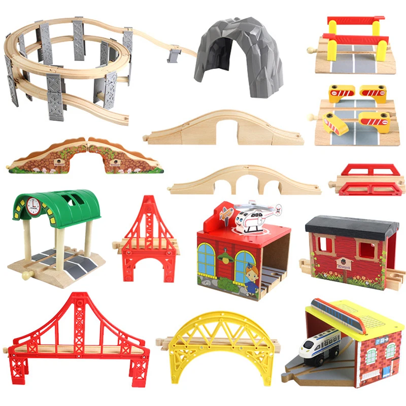 Todo tipo de vías de tren de madera, accesorios de túnel de ferrocarril aptos para piezas de tren de madera Brio, juguetes educativos para niños, regalos