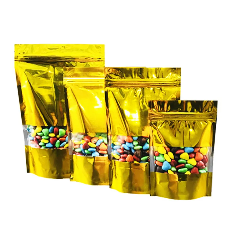 

100PCS Stand up Gold Window Packaging Bags Resealable Snack Coffee Beans Spices Cereals Sugar Biscuits Dried Fruit Gifts Pouches