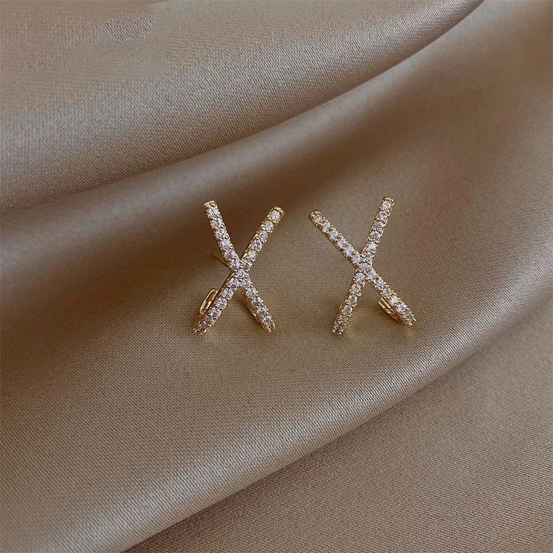 

Korea Luxury Gold Color Cross Letter X-shaped White Zircon Stud Earrings for Women Birthday Fashion Jewelry Gifts