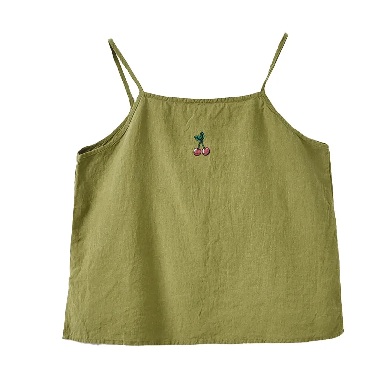 

Cute Oversize Cropped Camisole Linen Tops Embroidery Summer Spaghetti Strap Top M,L