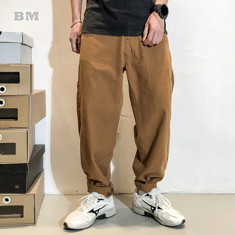 Мужские Винтажные прямые брюки-карго из необработанного хлопка в стиле
