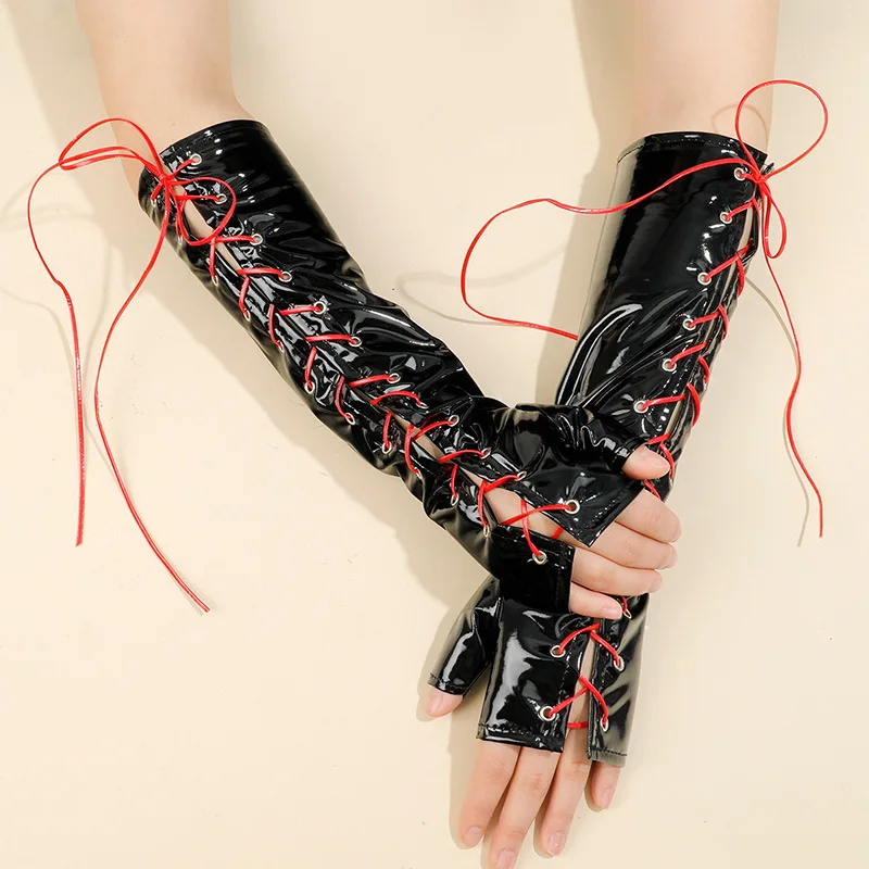 

Faux Leather Lacing Adjustable Gloves Clubwear Cosplay Costumes Mittens Elbow Length Glossy Sexy Long Shiny Metallic Gloves