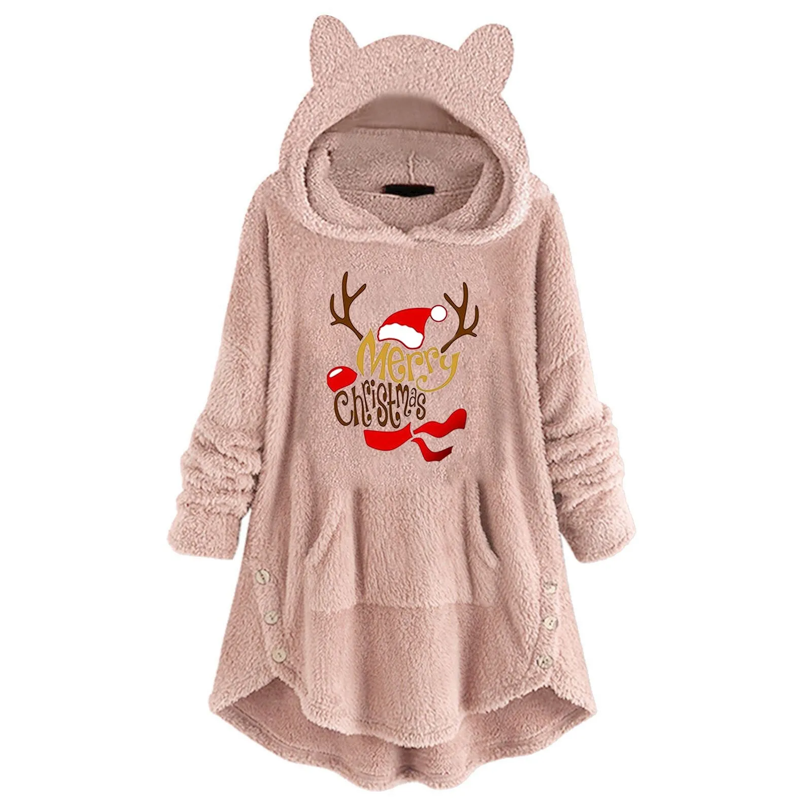 

Hoodies Women Keep Warm Loose Fleece Warm Ear Hooded Top Long Sleeve Cute Christmas Elk Print Pocket Casual Sweatshirt Winter 4