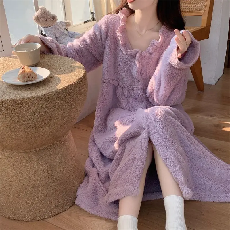 

Autumn Winter Warm Flannel Women Pajamas Thick Coral Fleece Long Sleeve Nightdress Female Solid Robe Puff Sleeves Loungewear 2XL