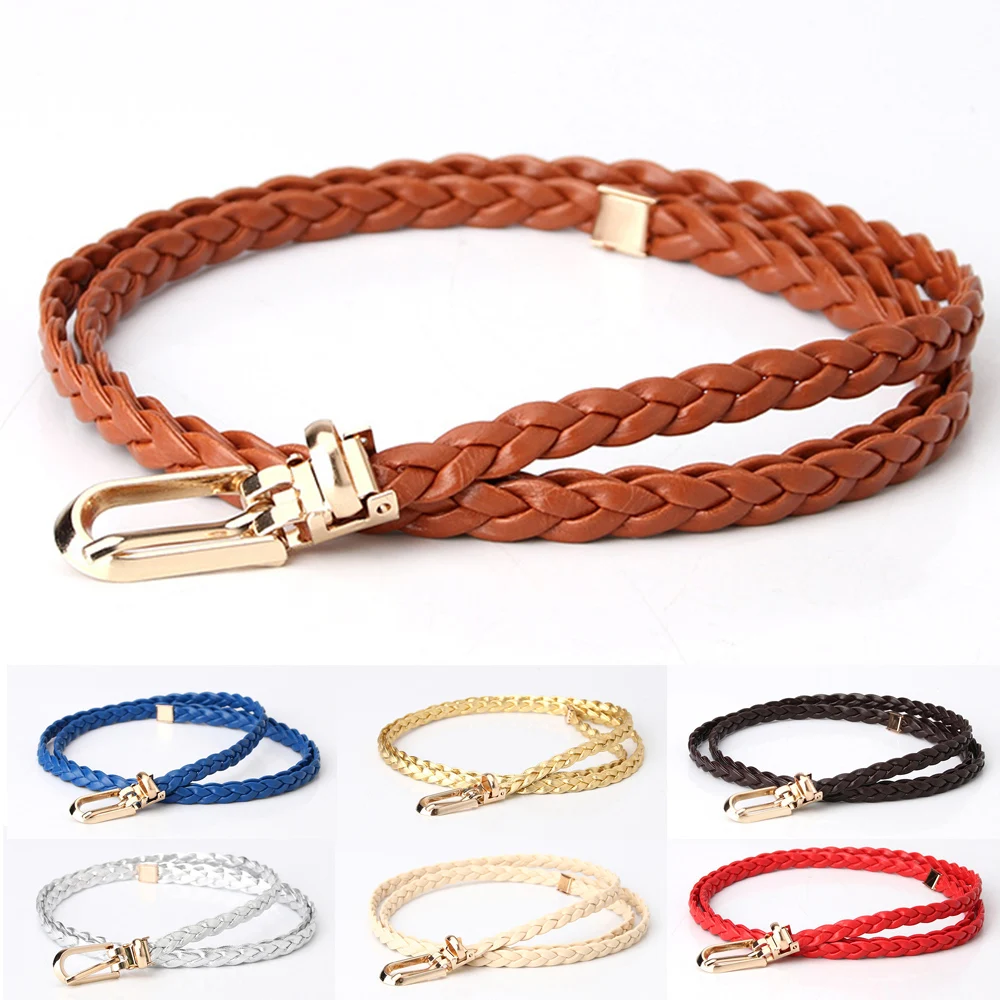 

Женский Плетеный ремень из искусственной кожи, простой тонкий пояс для платья, пальто, декоративный пояс, винтажный ремень с металлической пряжкой