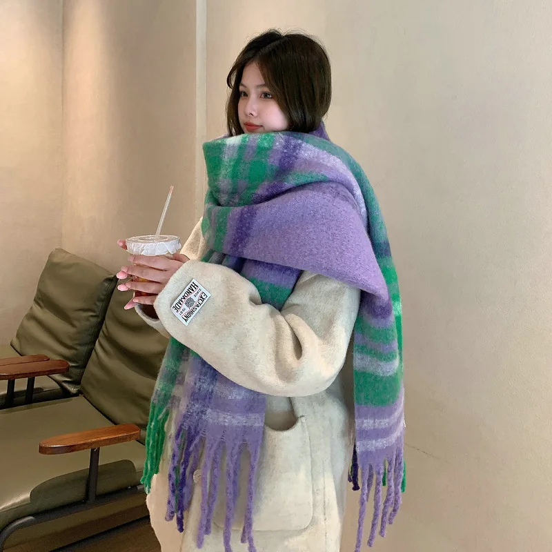 

Модный Универсальный зеленый кашемировый шарф в клетку женский зимний плотный мягкий теплый шарф с кисточками