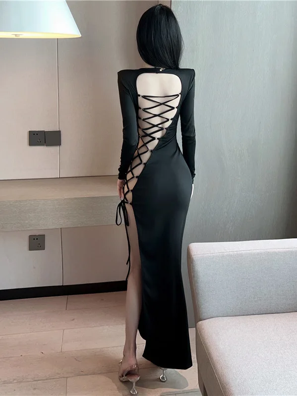 Весна 2023 женское пикантное острое платье с открытой спиной со скошенным разрезом