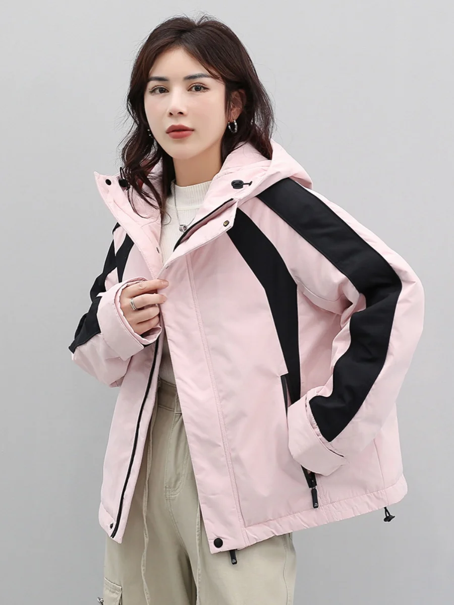 Зимний короткий пуховик женский 2024 модная лоскутная зимняя куртка с капюшоном