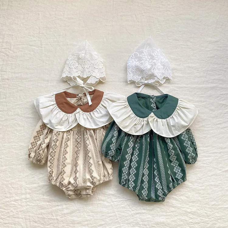 

Toddler Girls Ruffle O-neck Jumpsuits Suit Baby Long Sleeve One Piece Bodysuit Autumn Printing Retro Jumpsuits