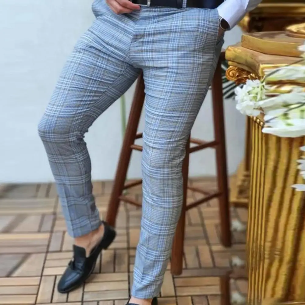 

Suit Trousers Straight Quick Drying Deep Crotch Classic Plaid Print Men Office Pants Business Trousers for Outdoor