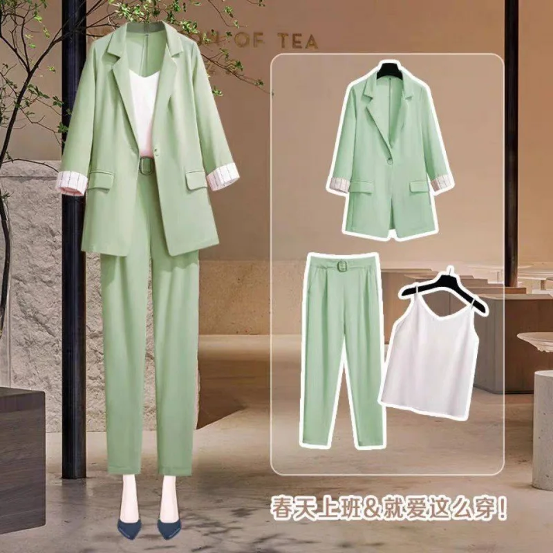 

2022 Spring New Plus Size Korean Elegant Women's Suit Female Blazer Leisure Pants Tweed Suit Jacket Three Piece Jacket Pants Set