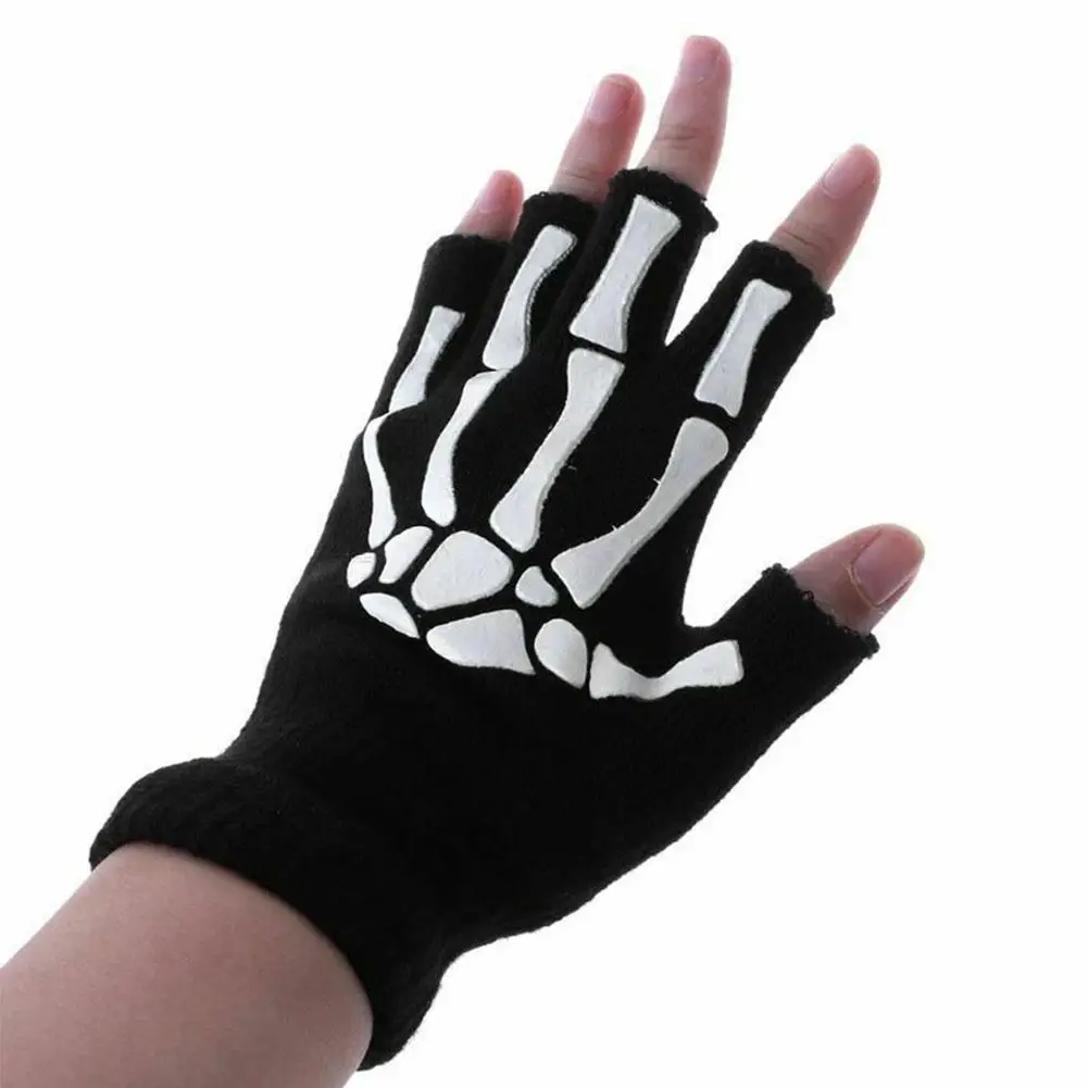 

Warm Knitting Gloves For Adult Acrylic Half Finger Glove Human Skeleton Head Gripper Print Cycling Non-slip Wrist Gloves