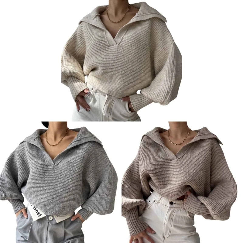 

F42F Womens Sweater V-Neck Lapel Spring Autumn Basic Pullover Warm Bottoming Shirt