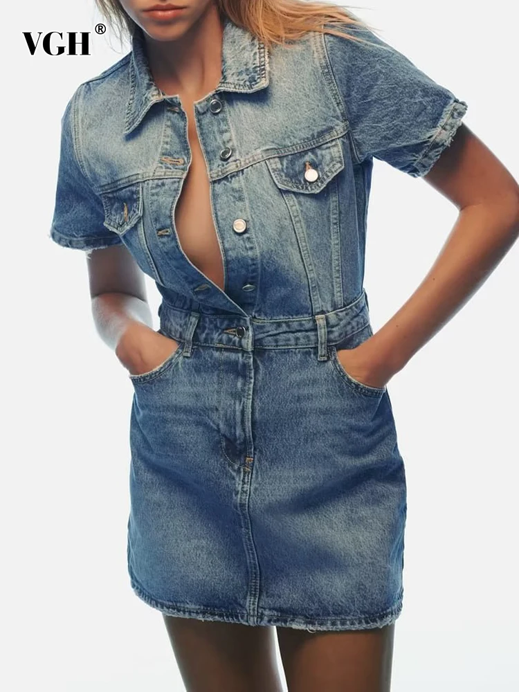 

VGH Streetwear Denim Dresses For Women Lapel Short Sleeve High Wasit Patchwork Single Breasted Slim Mini Dress Female Fashion