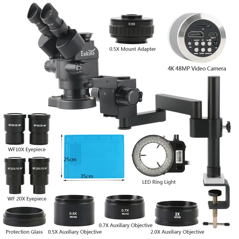 

Складной мультифокальный стерео тринокулярный микроскоп с зажимом и основанием, 3,5x-180X + 1080P 48 МП 55 МП 4K Type-c HDMI USB камера