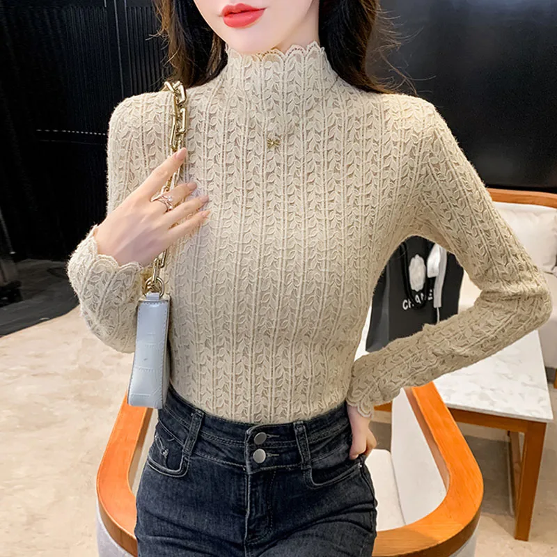 Модная осенняя женская блузка с воротником-стойкой кружевная длинным рукавом