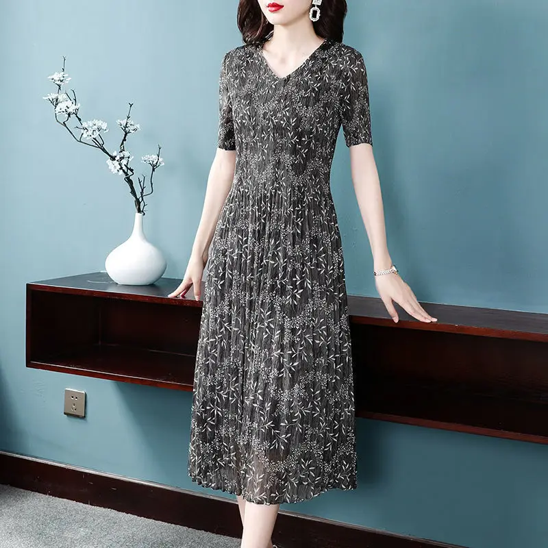 

2023 Midi Women Elegant Pleated High Waist O-Neck Printing A Line Dress Summer Short Sleeve Loose Casual Slim Thin Dresses E27