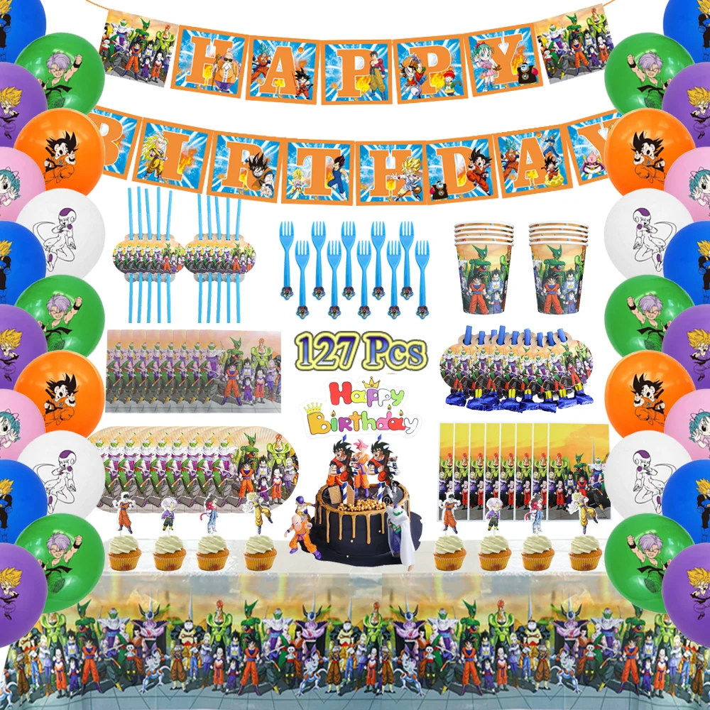 

127Pcs Son Goku Theme Kids Birthday Party Decorations Disposable Tableware Cup Plate Baby Shower Son Goku Party Decor Supplies