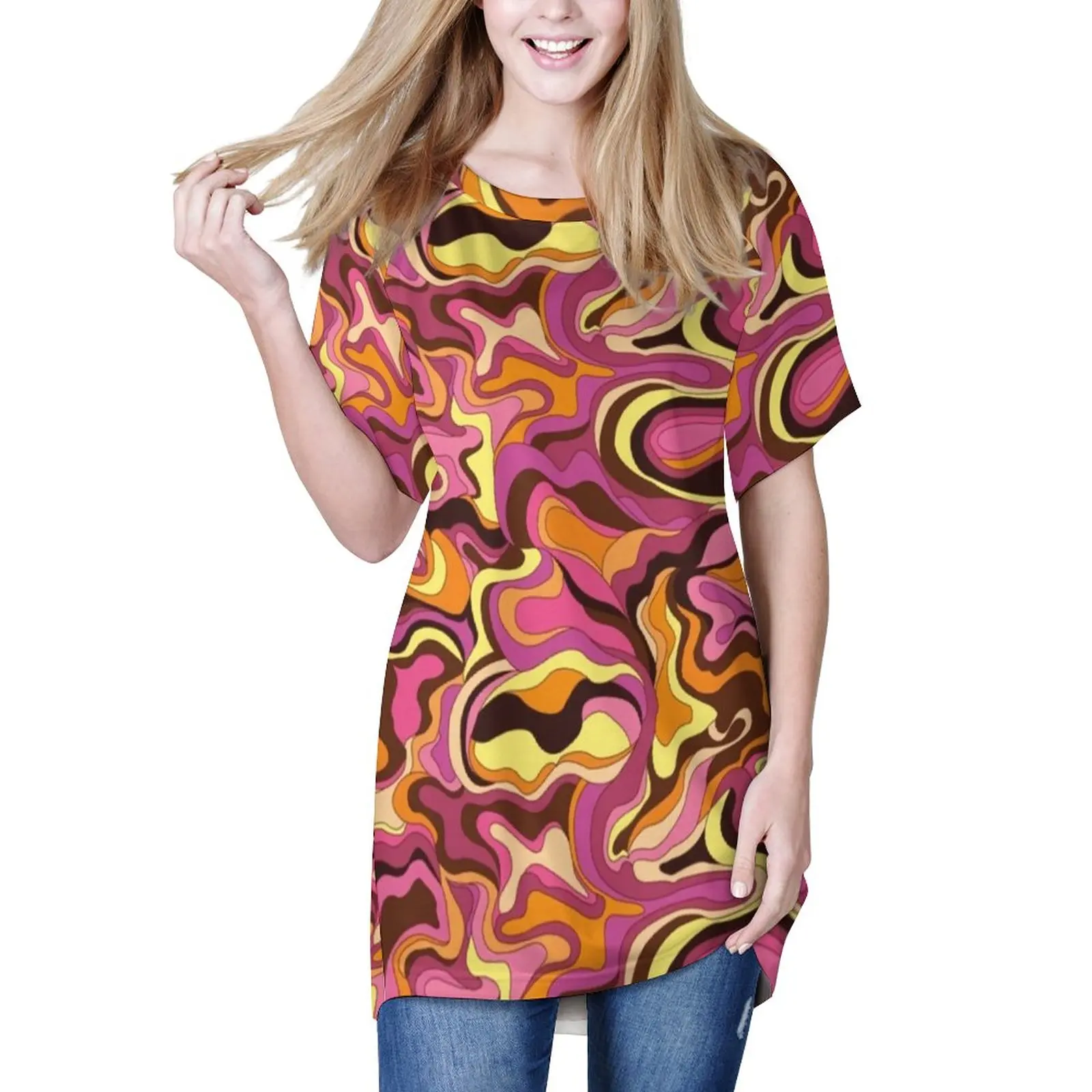 

Психоделическая 60-х футболка с абстрактным жидким принтом, современные свободные футболки с круглым вырезом, топы с рисунком, женская прост...