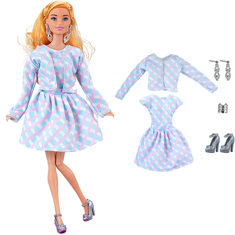 Набор милых кукол для пикника NK, 5 предметов в комплекте: клетчатая куртка, платье, благородные серьги, браслет и высокие каблуки, аксессуары для куклы Барби 1/6