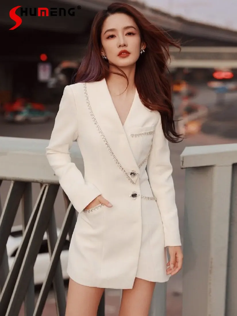 Autumn and Winter Elegant Exquisite Rhinestone Business Suit Dress Design Sense Temperament Goddess Style White Suit Jacket