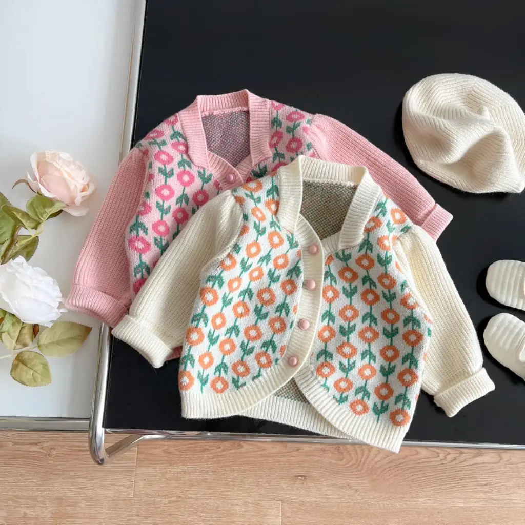 

Детский Трикотажный Хлопковый Кардиган с длинным рукавом, с цветочным принтом