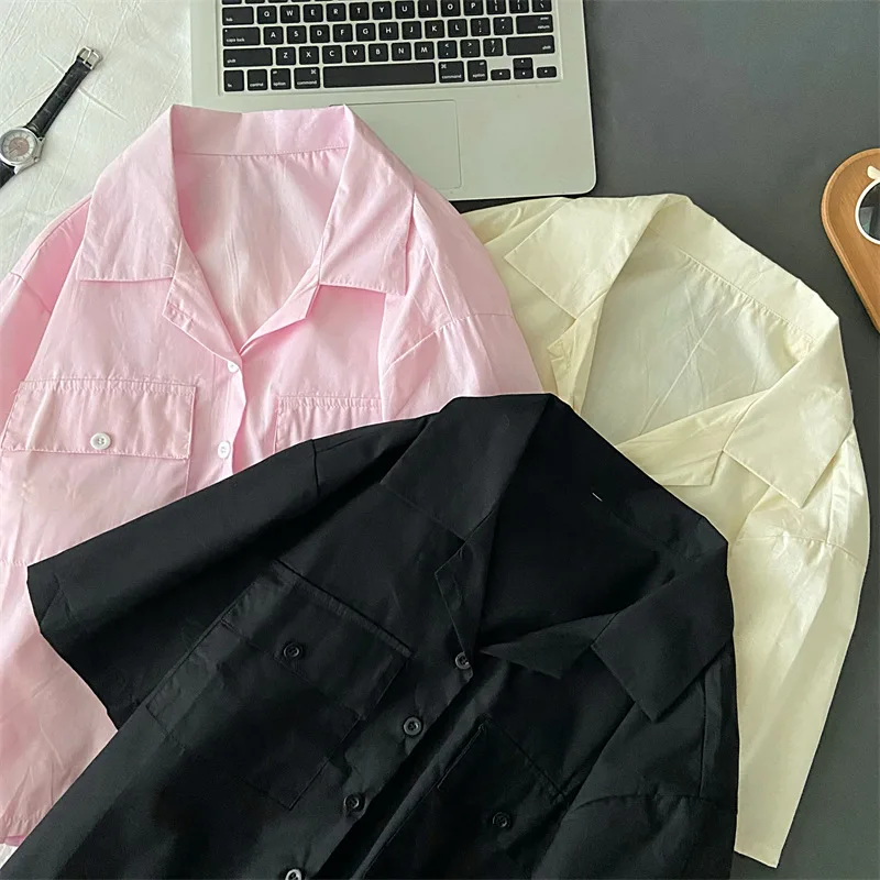 

EBAIHUI Vintage Solid Color Short Sleeve Shirt Double Pockets Female Simple Korean Blouse Loose Top Harajuku Short Casual Shirts