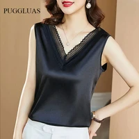 elegant v neck satin tank top women 2022 summer sexy lace crop top basic backless camis office lady blouse soild womens top 2022
