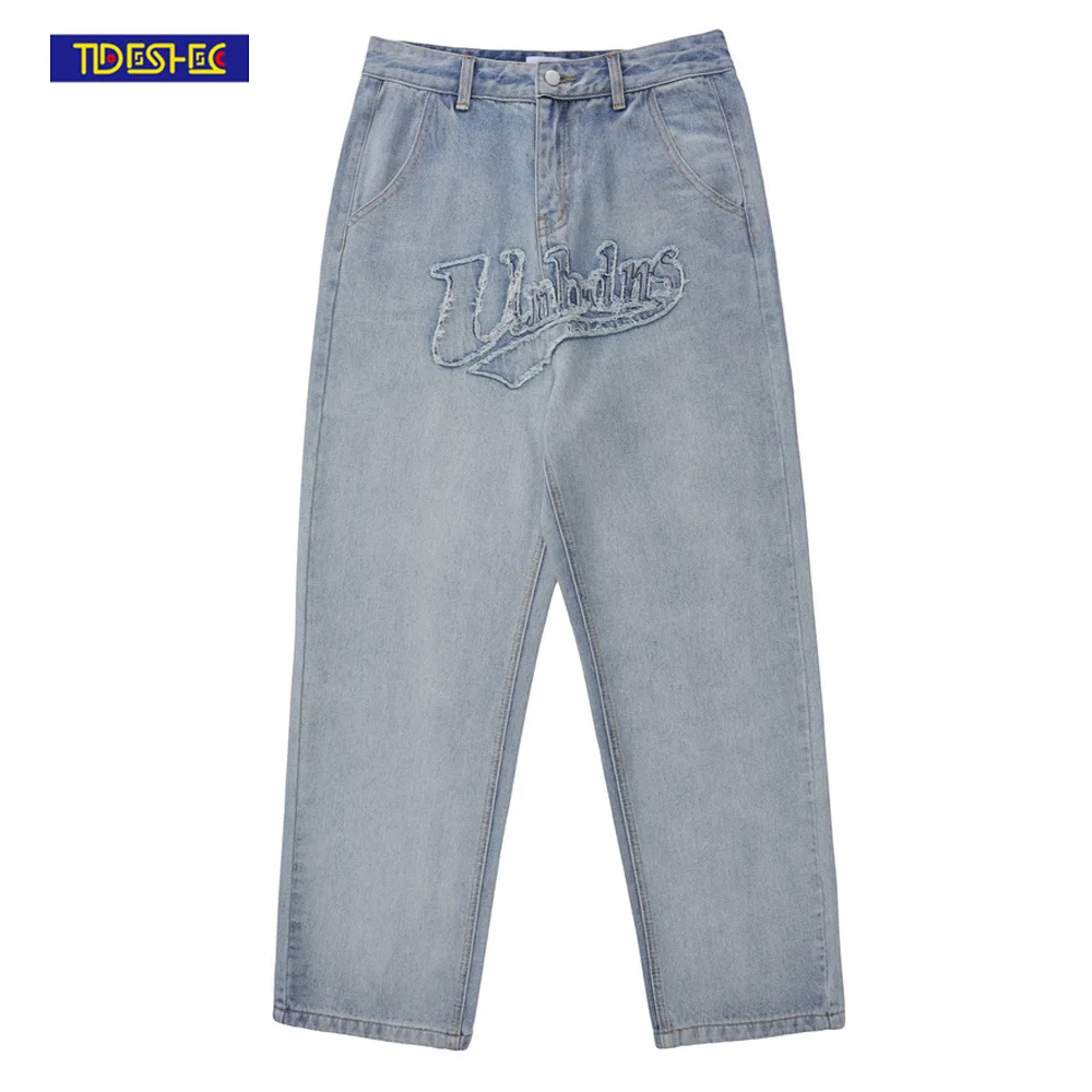 

Men Retro Pants 2022 Men American Designer Embroidered Letter Denim Wide Leg Pants Hip Hop Streetwear Washed Denim Skinny Pants