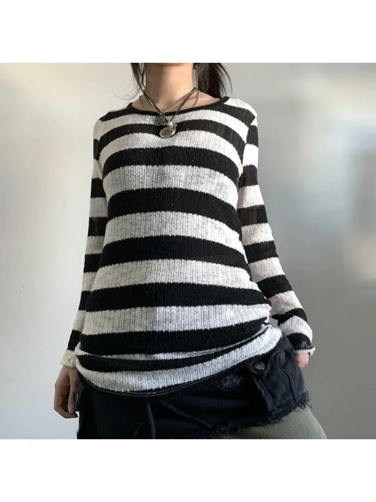 

2024 New Dark Academia Grunge Sweater Retro Mall Gothic Long Sleeve Striped Loose Tees Y2K Aesthetic Autumn Knitted Pullover Top