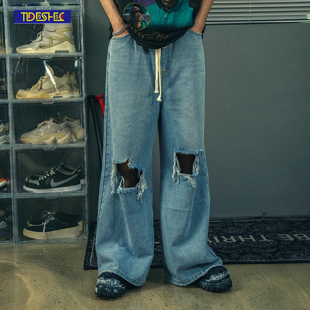 

2022 модные джинсы, свободные стильные рваные джинсы с широкими штанинами, потертые джинсы из денима, повседневные мужские джинсы в стиле хип-...