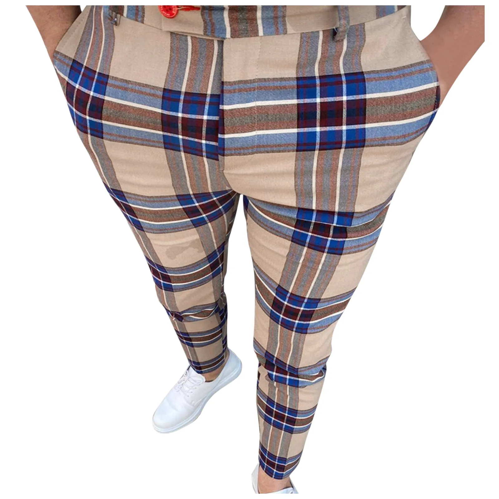 

Men's Casual Plaid Skinny Pencil Pants Zipper Elastic Waist Pants Trousers