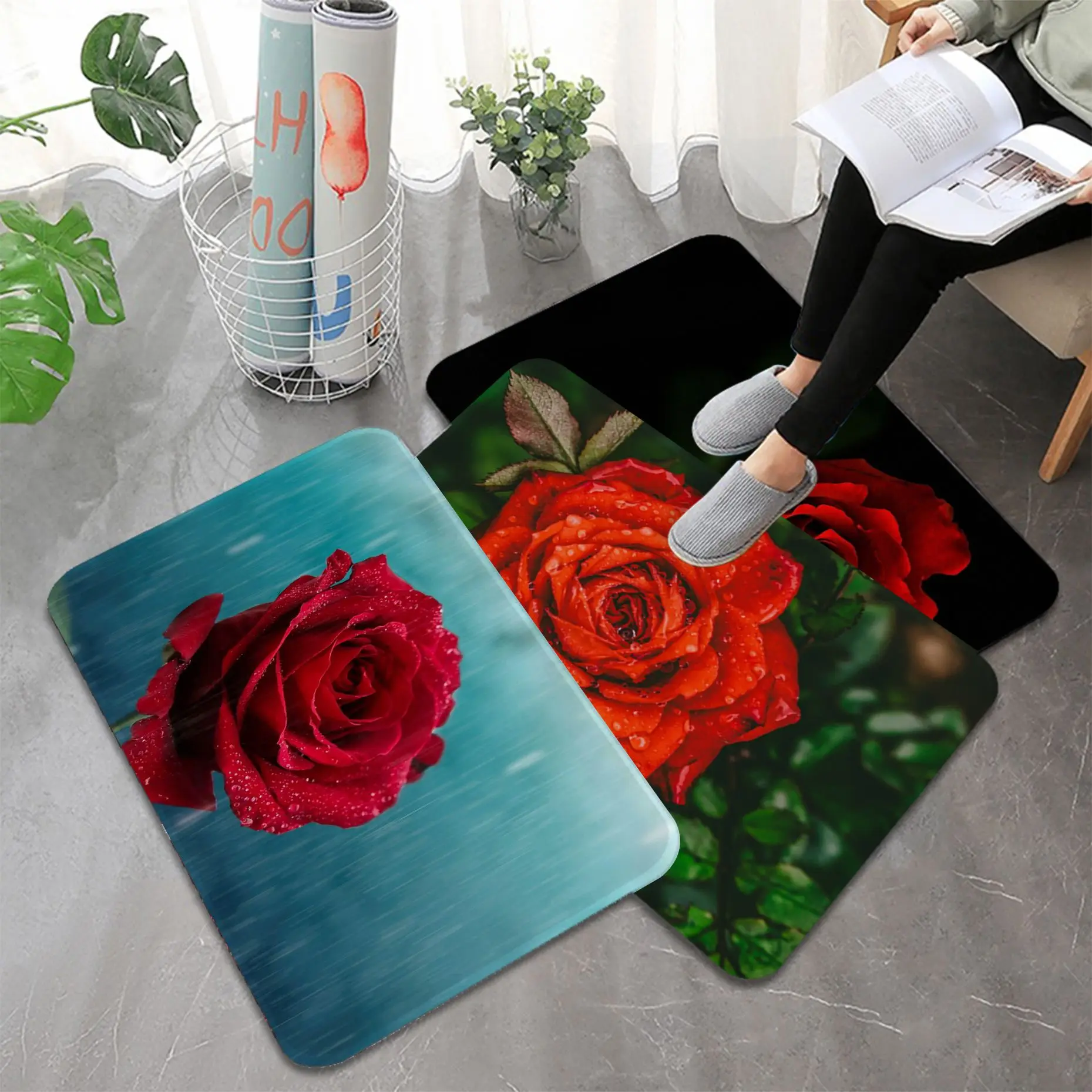 

Bright Red Roses Flowers Printed Flannel Floor Mat Bathroom Decor Carpet Non-Slip For Living Room Kitchen welcome Doormat Rug