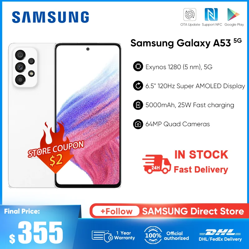 Original Samsung Galaxy A53 5G Smartphone Exynos 1280 Octa-core 120Hz Super AMOLED 5000mAh 25W Fast Charge Mobile Phone 256GB