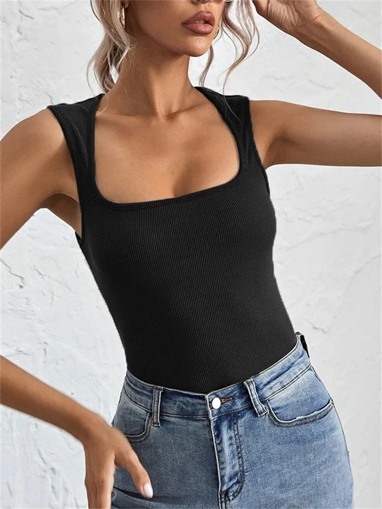 

hirigin Sleeveless Square Neck Low Cut Tank Top Summer Party Streetwear 2023 Women Ribbed Slim Fit Solid Causal Vest Pullover