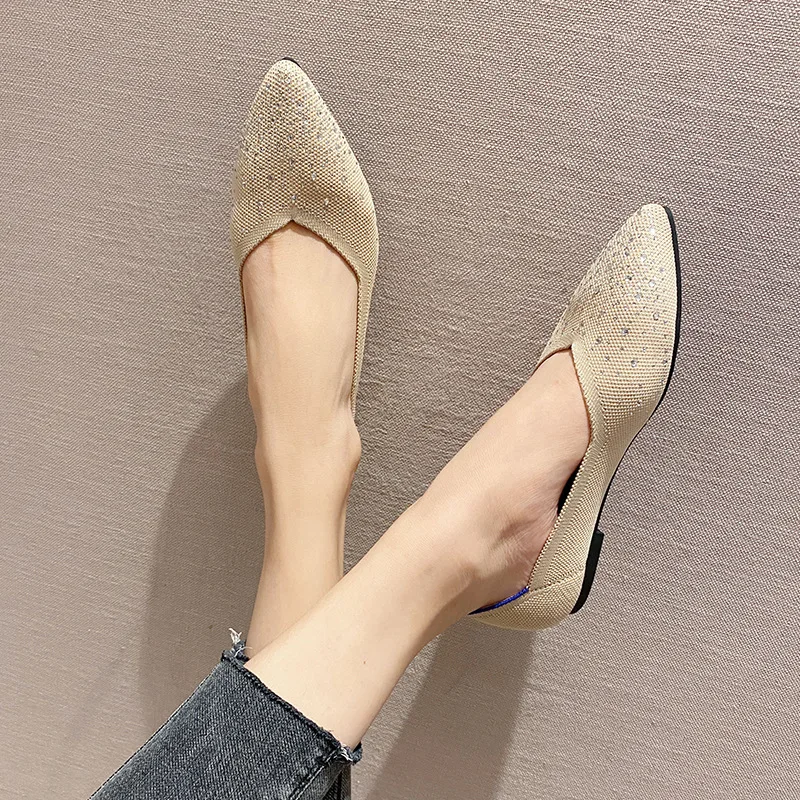 Autumn Shallow Mouth Casual Shoes Rhinestone Breathable Woven Boat Shoes Woman Knit Pointed Shoes Women's Flat Shoes Ballet Shoe