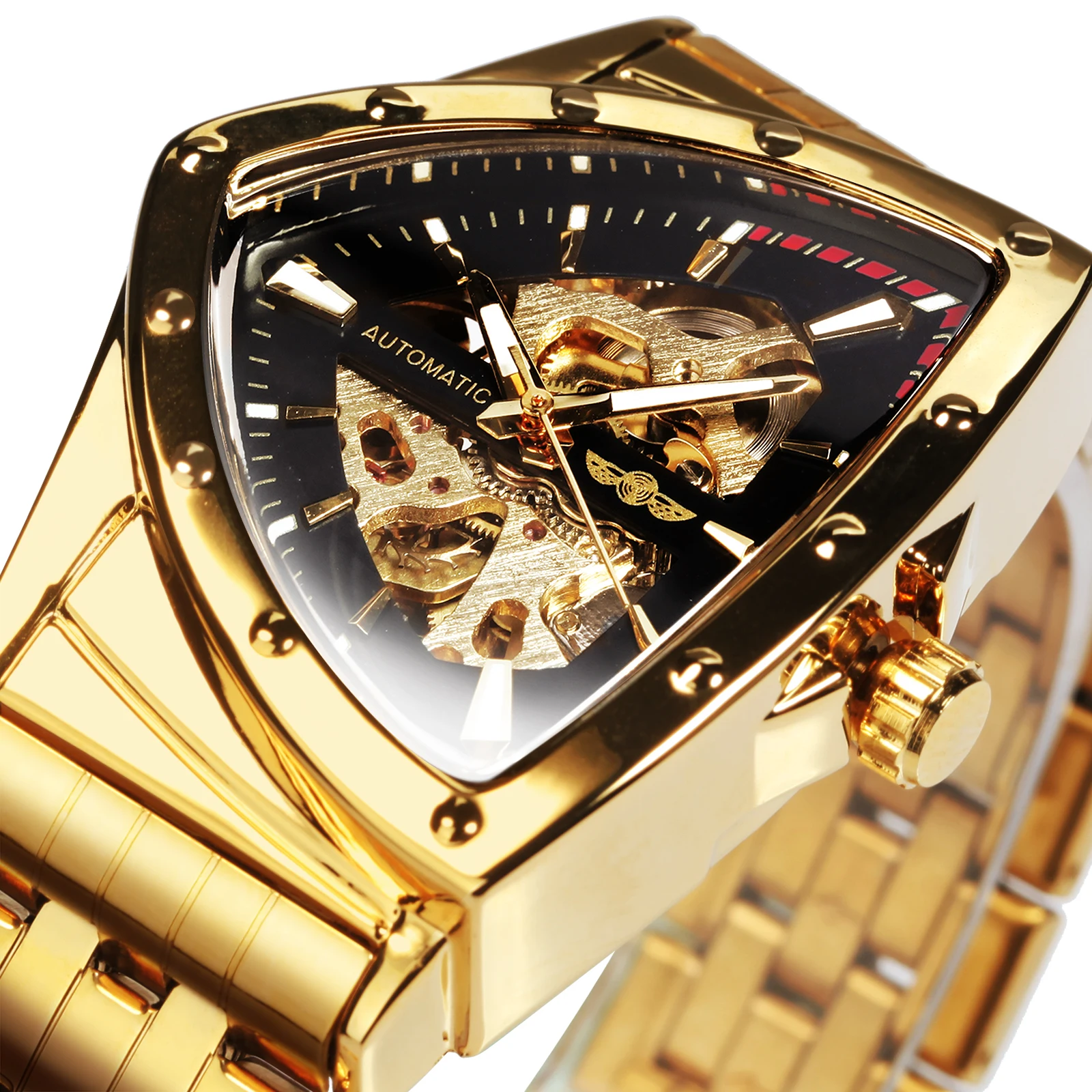 

WINNER Triangle Military Watch for Men Luminous Dial Gold Skeleton Automatic Mechanical Watches Luxury Steel Strap Sports Clock