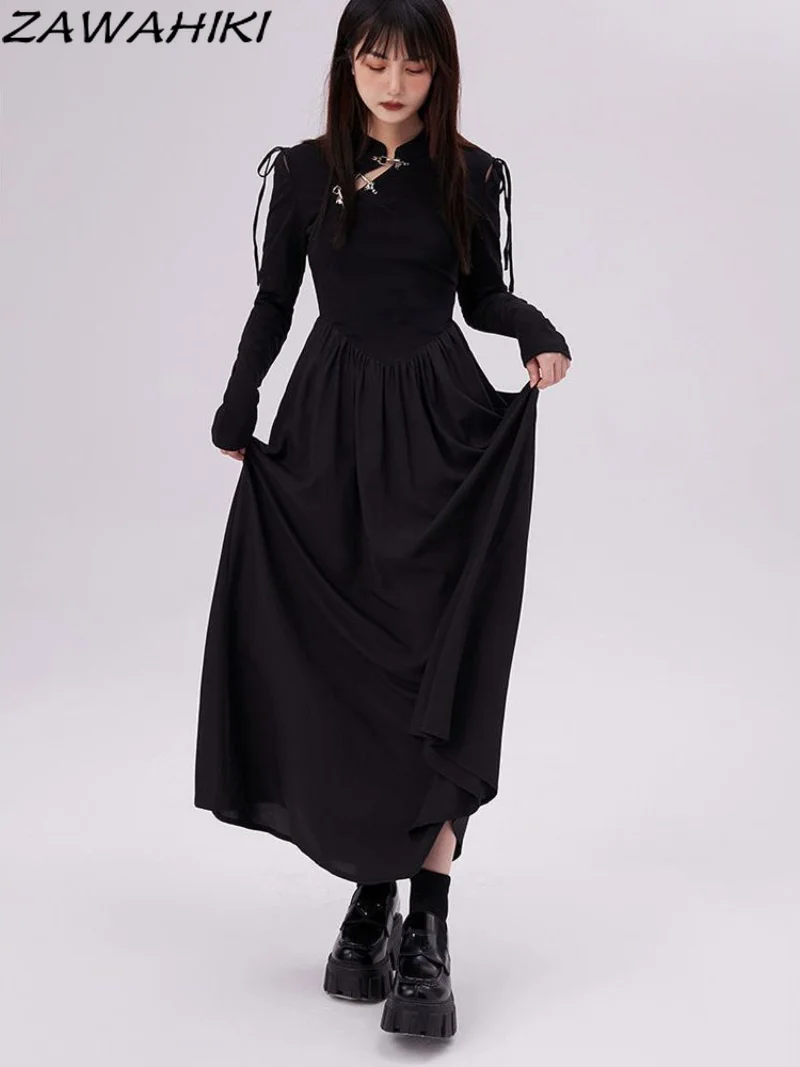

Платье в китайском стиле, черное с металлическими пуговицами и воротником-стойкой, улучшенное винтажное ТРАПЕЦИЕВИДНОЕ ПЛАТЬЕ, тонкое женское платье в китайском стиле с длинным рукавом, Qipao