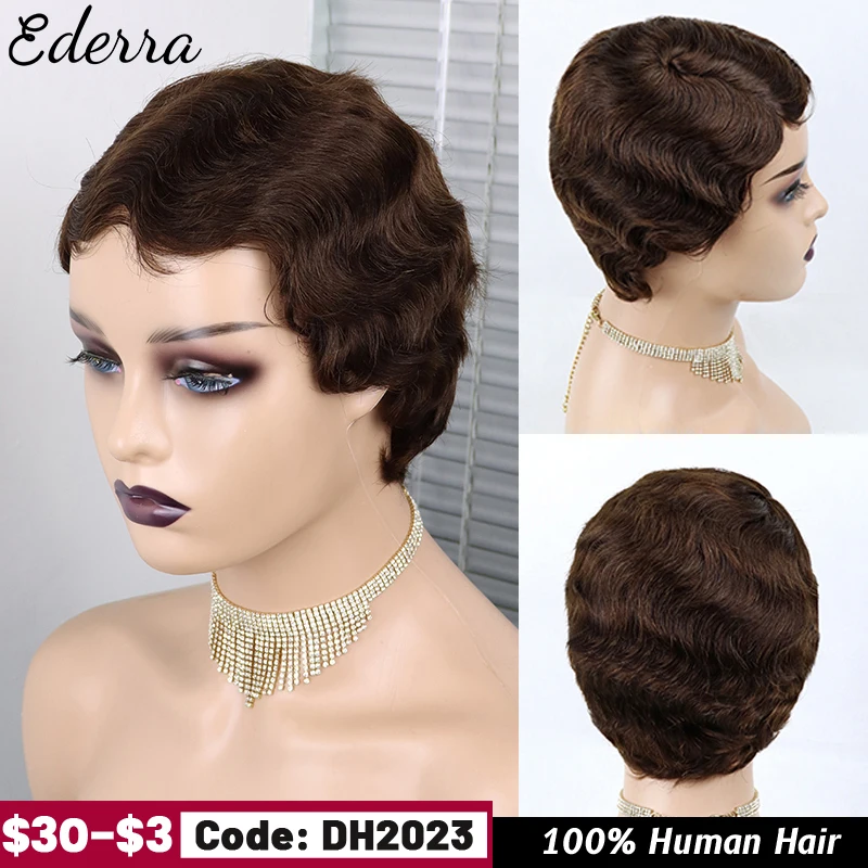 

Brazilian Short Pixie Cut Human Hair Wigs Finger Waves For Black Women Cute Cheap Wig Remy Full Machine Made Wigs Ocean Wave