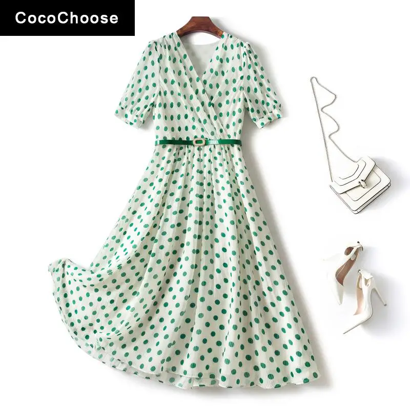 

Elegant Women Vintage Polka Dot Dress Summer 2022 New Fashion Criss Cross V-neck Short Sleeve Belted Chiffon Midi Dresses Green