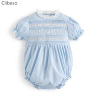 2022 new baby girls embroidery romper boutique kids clothes newbron infant light blue rompers toddler summer spanish jumpsuit