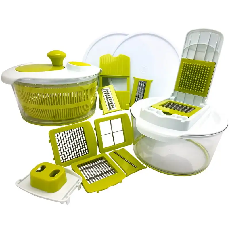 

Multi-Use Salad Spinning Slicer, Dicer and Chopper with Interchangeable Blades and Storage Lids Grinders herb Salt and pepper gr