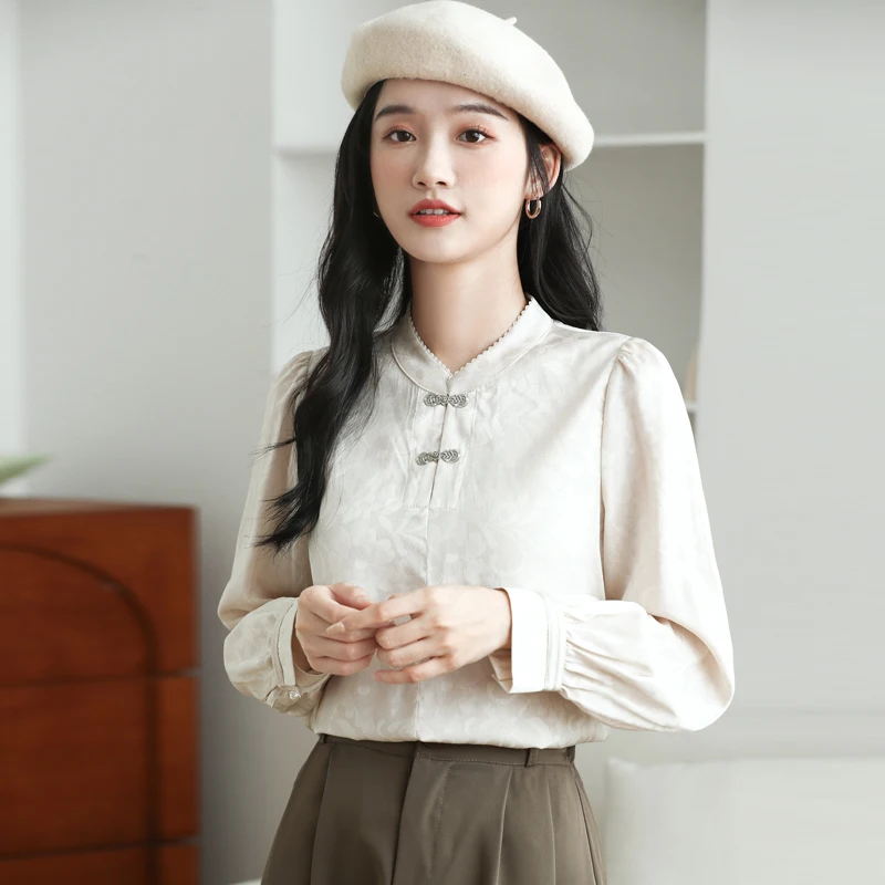 2022 китайский стиль Улучшенная пластина Кнопка Длинный Рукав Рубашка Женский