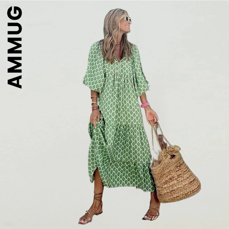 

Ammug Dress Fashion Lantern Sleeve Women Ankle-Length Breathable Maxi Dress Streetwear Girl Loose Korean Female Woman Clothes
