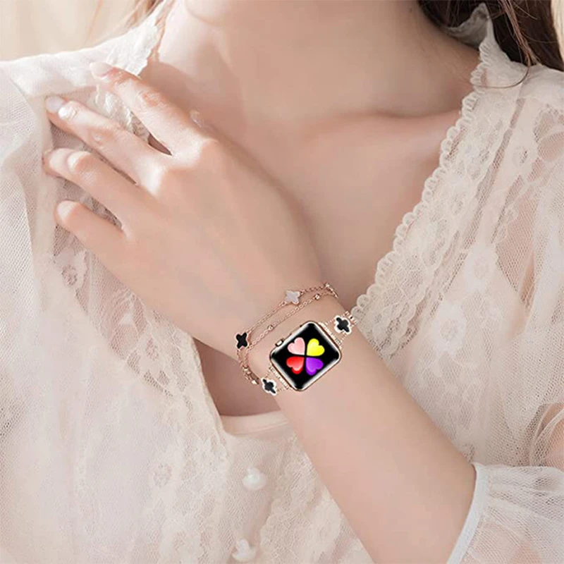 Bling Leaf Clover Strap for Apple Watch Ultra 8 7 Band 41mm 40mm 38mm Stainless Steel Bracelet iWatch SE 6 5 49mm 45mm 44mm 42mm