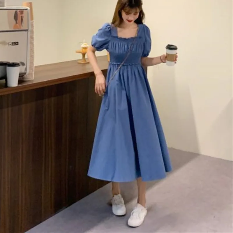 

2022 Summer Bubble Sleeve Bodycon Female Midi Dress Elegant Tunic Streetwear Frocks Women's Fashion Dresses Shirt Women Casual