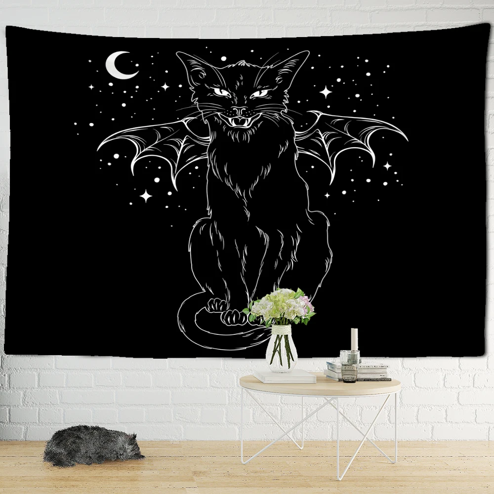 

Black Cat Psychedelic Tapestry Wall Hanging Bohemian Tapiz Witchcraft Mystery Dormitory Bedroom Home Decor