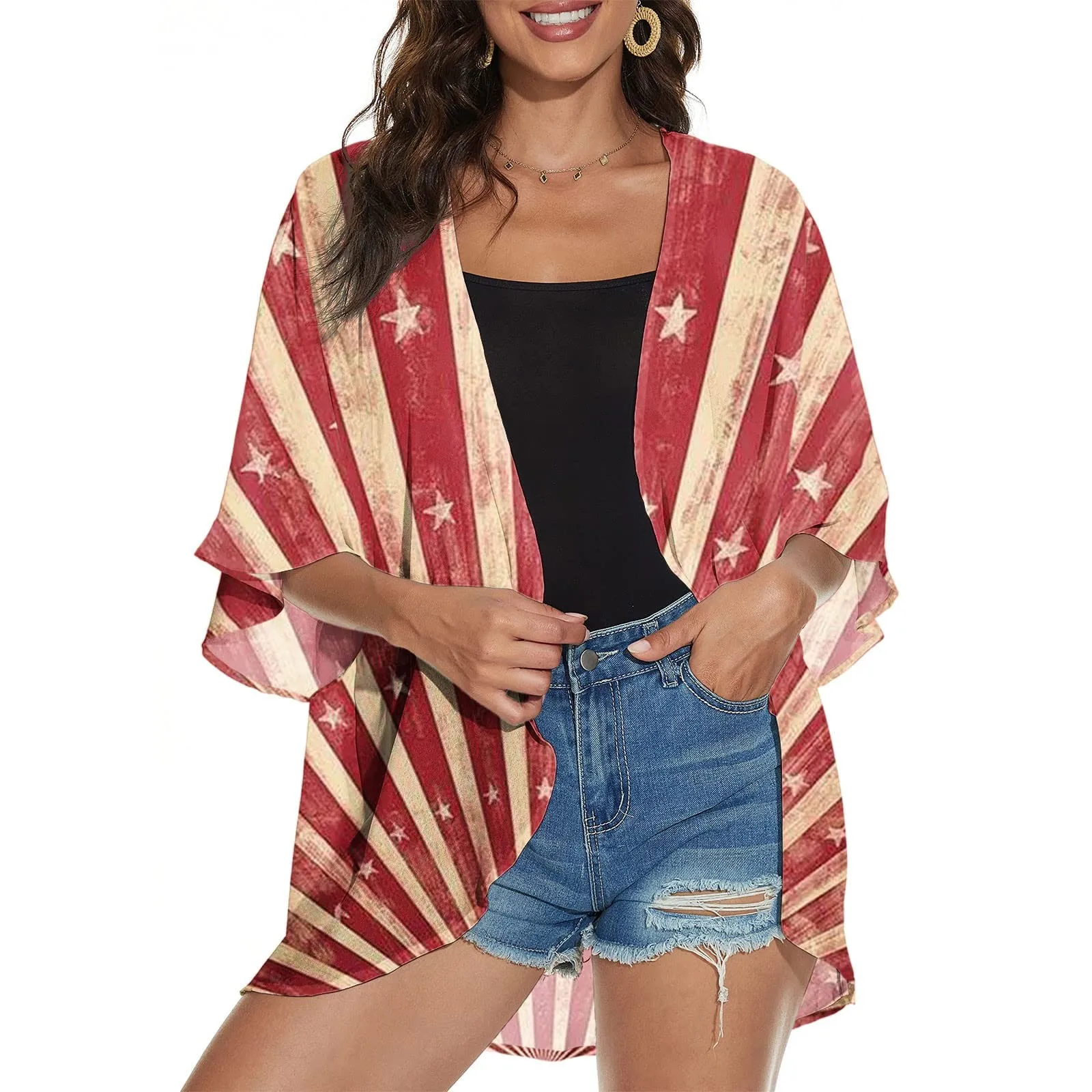 

Женские летние топы с принтом на День Независимости, свободные шифоновые кардиганы с коротким рукавом, блузки, Повседневная накидка, 수ники 수영영영영자 자
